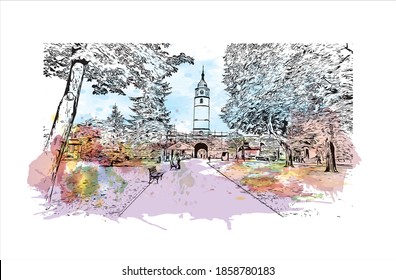 Building view with landmark of Belgrade
is the capital of Serbia. Watercolour splash with hand drawn sketch illustration in vector.