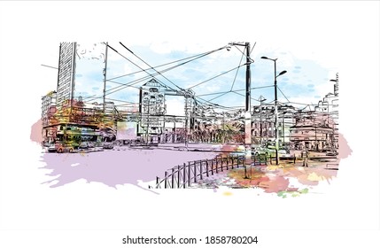 Building view with landmark of Belgrade
is the capital of Serbia. Watercolour splash with hand drawn sketch illustration in vector.