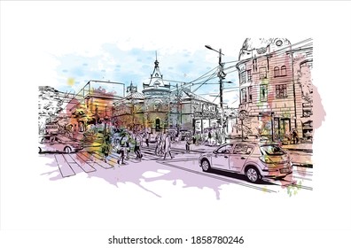 Building view with landmark of Belgrade
is the capital of Serbia. Watercolour splash with hand drawn sketch illustration in vector.