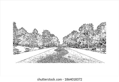 Building view with landmark of Belgrade is the
capital of Serbia. Hand drawn sketch illustration in vector.