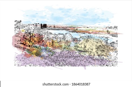Building view with landmark of Belgrade is the
capital of Serbia. Watercolour splash with hand drawn sketch illustration in vector.