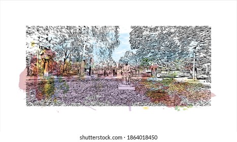 Building view with landmark of Belgrade is the
capital of Serbia. Watercolour splash with hand drawn sketch illustration in vector.