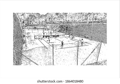 Building view with landmark of Belgrade is the
capital of Serbia. Hand drawn sketch illustration in vector.