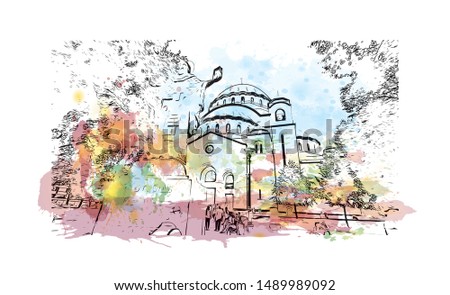 Building view with landmark of Belgrade is the capital of the southeast European country of Serbia. Watercolor splash with Hand drawn sketch illustration in vector.