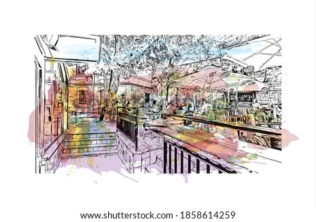 Building view with landmark of Belgrade is the
capital of Serbia. Watercolour splash with hand drawn sketch illustration in vector.