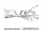 Building view with landmark of Bellevue is a city in Washington state. Hand drawn sketch illustration in vector.