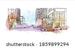 Building view with landmark of Bellevue is a city in Washington state. Watercolour splash with hand drawn sketch illustration in vector.
