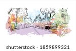 Building view with landmark of Bellevue is a city in Washington state. Watercolour splash with hand drawn sketch illustration in vector.