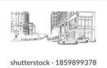 Building view with landmark of Bellevue is a city in Washington state. Hand drawn sketch illustration in vector.