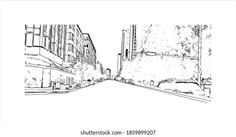 Building view with landmark of Bellevue is a city in Washington state. Hand drawn sketch illustration in vector.