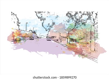 Building view with landmark of Bellevue is a city in Washington state. Watercolour splash with hand drawn sketch illustration in vector.