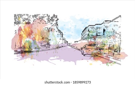 Building view with landmark of Bellevue is a city in Washington state. Watercolour splash with hand drawn sketch illustration in vector.