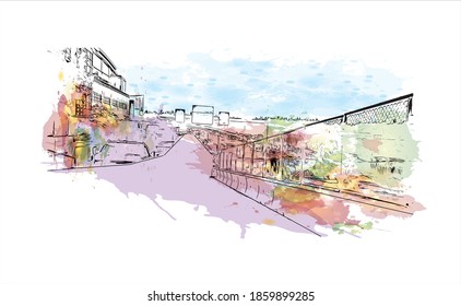 Building view with landmark of Bellevue is a city in Washington state. Watercolour splash with hand drawn sketch illustration in vector.