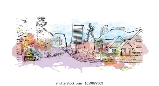 Building view with landmark of Bellevue is a city in Washington state. Watercolour splash with hand drawn sketch illustration in vector.