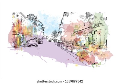 Building view with landmark of Bellevue is a city in Washington state. Watercolour splash with hand drawn sketch illustration in vector.