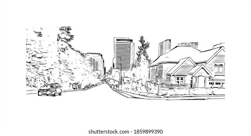 Building view with landmark of Bellevue is a city in Washington state. Hand drawn sketch illustration in vector.
