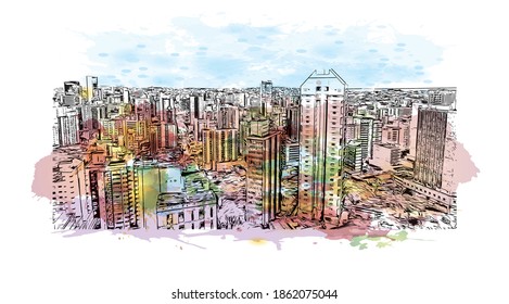 Building view with landmark of Belo Horizonte is the capital city of southeastern Brazil. Watercolour splash with hand drawn sketch illustration in vector.