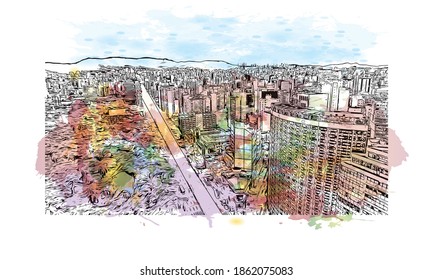 Building view with landmark of Belo Horizonte is the capital city of southeastern Brazil. Watercolour splash with hand drawn sketch illustration in vector.