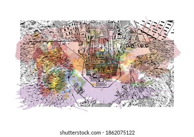 Building view with landmark of Belo Horizonte is the capital city of southeastern Brazil. Watercolour splash with hand drawn sketch illustration in vector.
