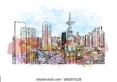 Vista de edificios con monumentos de Belo Horizonte es la capital del sureste de Brasil. Salto de color de agua con ilustración de esbozo dibujada a mano en vector.