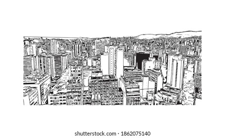 Building view with landmark of Belo Horizonte is the capital city of southeastern Brazil. Hand drawn sketch illustration in vector.