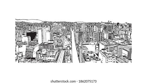 Building view with landmark of Belo Horizonte is the capital city of southeastern Brazil. Hand drawn sketch illustration in vector.