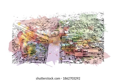 Building view with landmark of Bengkulu is a province of Indonesia. Watercolour splash with hand drawn sketch illustration in vector.