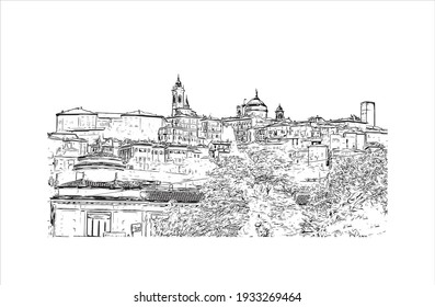 Building view with landmark of Bergamo is the 
city in Italy. Hand drawn sketch illustration in vector.