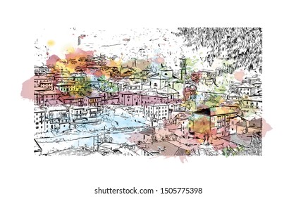 Building view with landmark of Bergamo is an Italian city northeast of Milan. Watercolor splash with Hand drawn sketch illustration in vector.