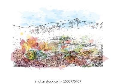 Building view with landmark of Bergamo is an Italian city northeast of Milan. Watercolor splash with Hand drawn sketch illustration in vector.