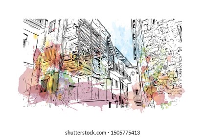 Building view with landmark of Bergamo is an Italian city northeast of Milan. Watercolor splash with Hand drawn sketch illustration in vector.