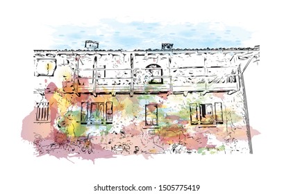 Building view with landmark of Bergamo is an Italian city northeast of Milan. Watercolor splash with Hand drawn sketch illustration in vector.