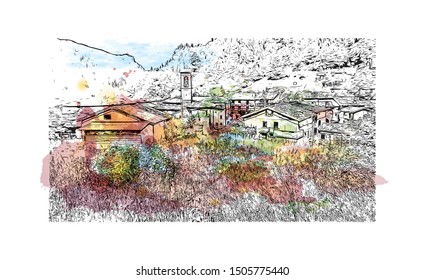 Building view with landmark of Bergamo is an Italian city northeast of Milan. Watercolor splash with Hand drawn sketch illustration in vector.
