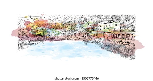 Building view with landmark of Bergamo is an Italian city northeast of Milan. Watercolor splash with Hand drawn sketch illustration in vector.