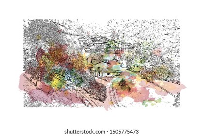 Building view with landmark of Bergamo is an Italian city northeast of Milan. Watercolor splash with Hand drawn sketch illustration in vector.