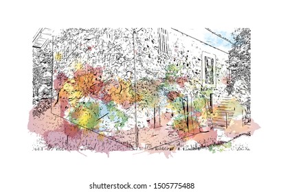 Building view with landmark of Bergamo is an Italian city northeast of Milan. Watercolor splash with Hand drawn sketch illustration in vector.