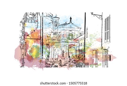 Building view with landmark of Bergamo is an Italian city northeast of Milan. Watercolor splash with Hand drawn sketch illustration in vector.