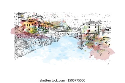 Building view with landmark of Bergamo is an Italian city northeast of Milan. Watercolor splash with Hand drawn sketch illustration in vector.
