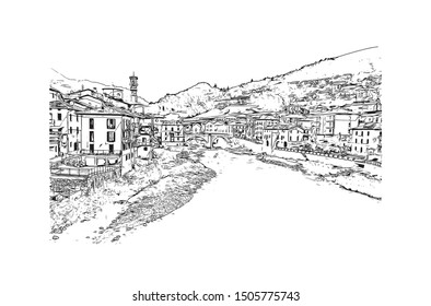 Building view with landmark of Bergamo is an Italian city northeast of Milan. Hand drawn sketch illustration in vector.