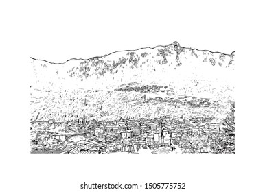 Building view with landmark of Bergamo is an Italian city northeast of Milan. Hand drawn sketch illustration in vector.