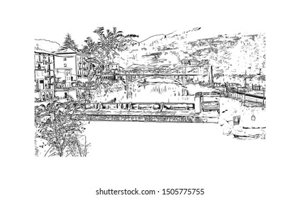 Building view with landmark of Bergamo is an Italian city northeast of Milan. Hand drawn sketch illustration in vector.