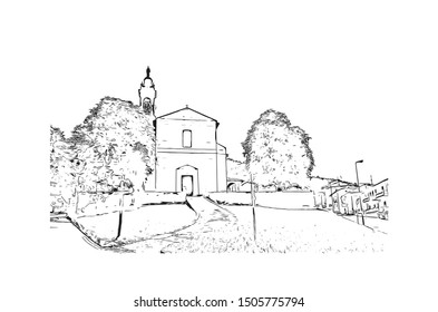 Building view with landmark of Bergamo is an Italian city northeast of Milan. Hand drawn sketch illustration in vector.