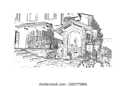 Building view with landmark of Bergamo is an Italian city northeast of Milan. Hand drawn sketch illustration in vector.