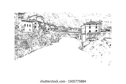 Building view with landmark of Bergamo is an Italian city northeast of Milan. Hand drawn sketch illustration in vector.