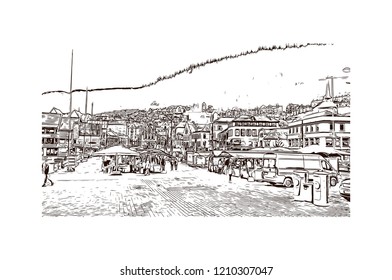Building view with landmark of Bergen is a city on Norway’s southwestern coast. Hand drawn sketch illustration in vector.