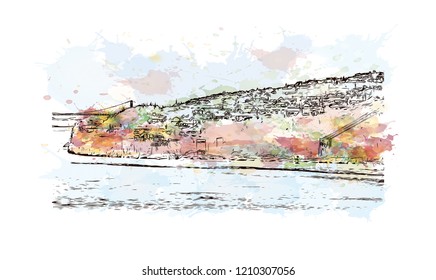 Building view with landmark of Bergen is a city on Norway’s southwestern coast. Watercolor splash with Hand drawn sketch illustration in vector.