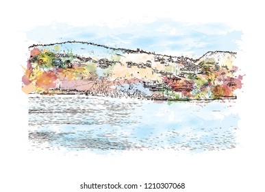 Building view with landmark of Bergen is a city on Norway’s southwestern coast. Watercolor splash with Hand drawn sketch illustration in vector.