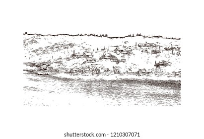 Building view with landmark of Bergen is a city on Norway’s southwestern coast. Hand drawn sketch illustration in vector.