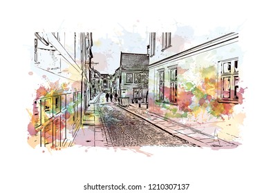 Building view with landmark of Bergen is a city on Norway’s southwestern coast. Watercolor splash with Hand drawn sketch illustration in vector.