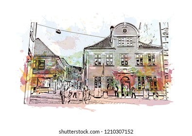 Building view with landmark of Bergen is a city on Norway’s southwestern coast. Watercolor splash with Hand drawn sketch illustration in vector.
